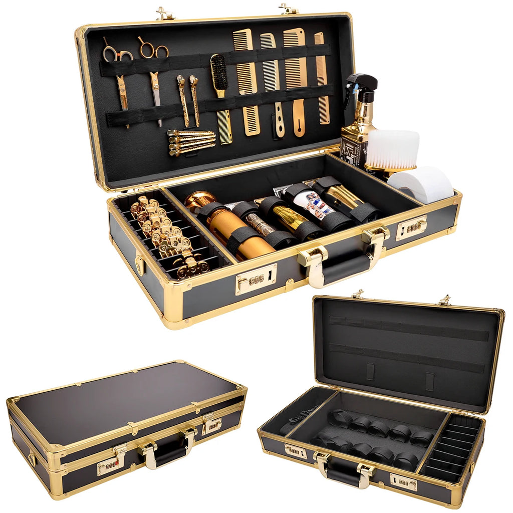Golden Carrying Case Clippers High-capacity Storage Box Double Layer Hairdressing Organizer Without logo Case Barbershop Tools
