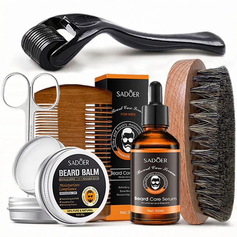 Men's beard care set, beard oil, beard balm, moisturizing, nourishing, softening and smoothing beard, with trimming tools & bear