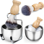 Mens Shaving Brush and Bowl Set, 3-in-1 Shaving Brush Kit Wood Handle with Stainless Steel Shaving Bowl & Brush Standas